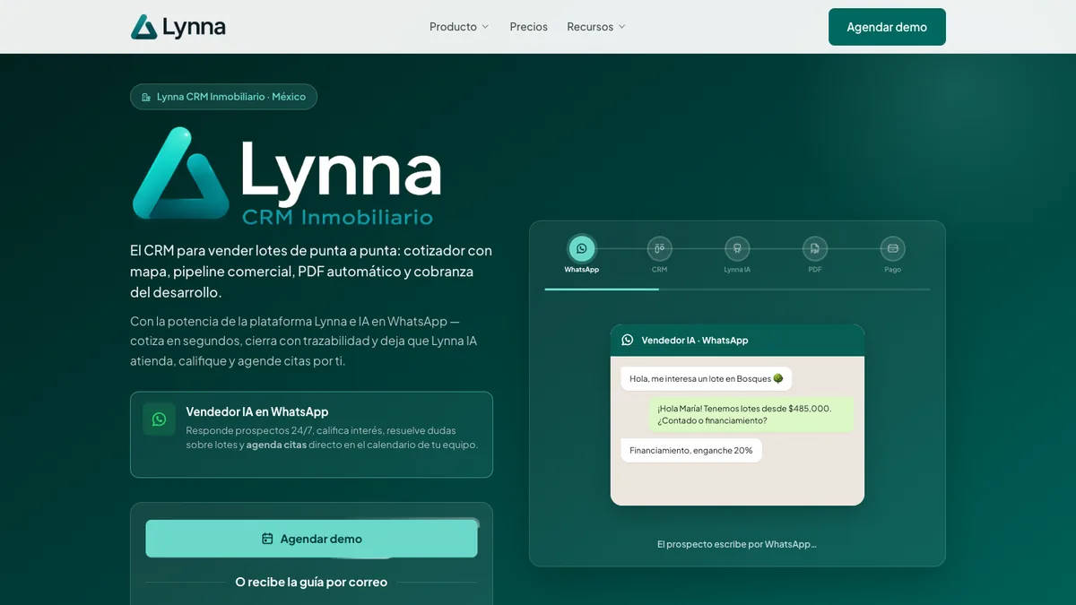 Captura del sitio Lynna CRM Inmobiliario — cotizador, WhatsApp e IA